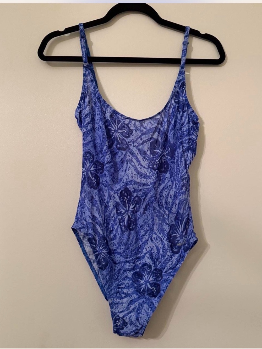 Vintage SOLAR Blue Hawaiian Floral One-Piece Mesh Swimsuit